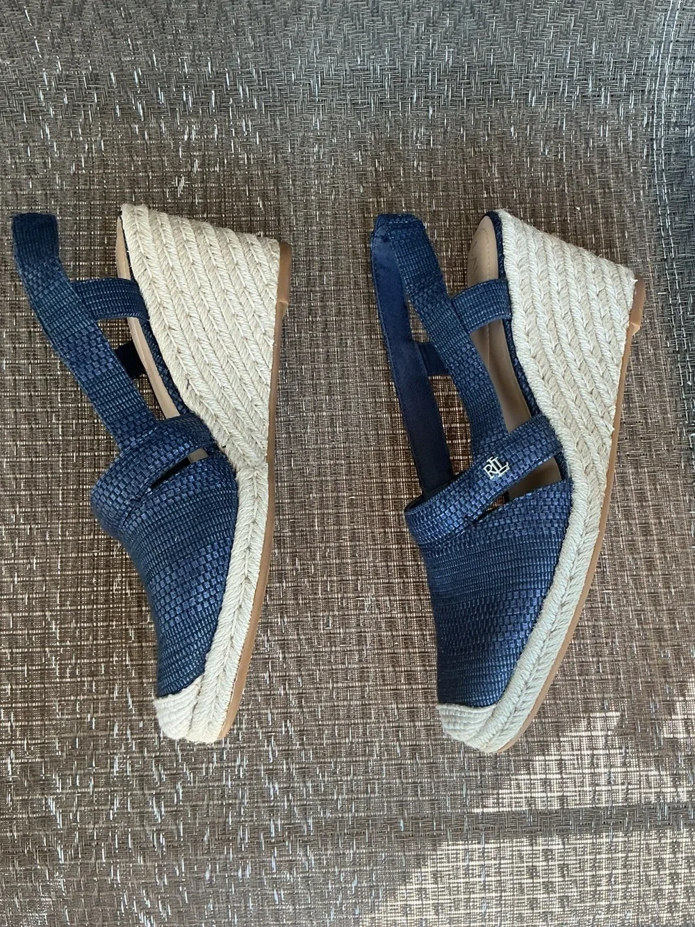 Lauren Ralph Lauren PENELOPE Navy Blue Woven Espadrille Wedge Slingback